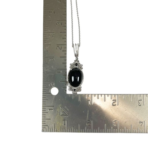 Sterling Silver 925 Black Onyx Cabochon Pendant Necklace Scroll Filigree New - Picture 10 of 13